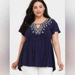TORRID Super Soft Knit Navy V-neck With Keyhole, Printed Embroidery, Size 1, 1X